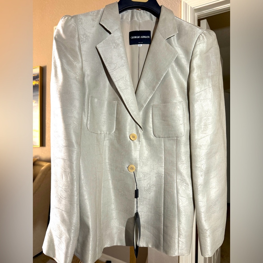 Giorgio Armani vintage embellished blazer, silk/linen Pearl Grey  size 44 Sz 8